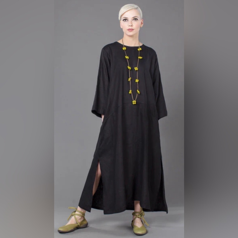 KALIYANA Sz S Oversized Dress Two Layer Patch Side Slits Textured Stripes